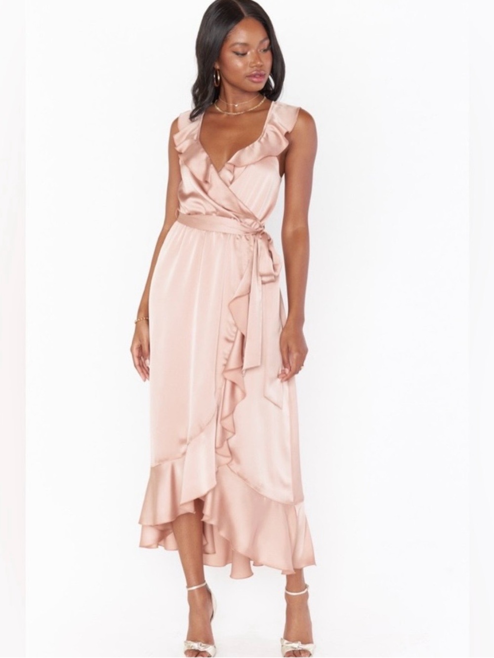 Show Me Your MuMu Rose Gold Satin Ruffle Wrap Dress